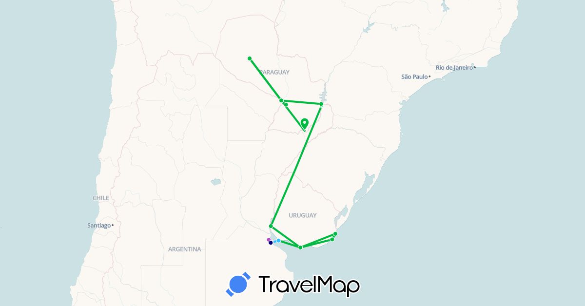 TravelMap itinerary: driving, bus, train, boat in Argentina, Brazil, Paraguay, Uruguay (South America)